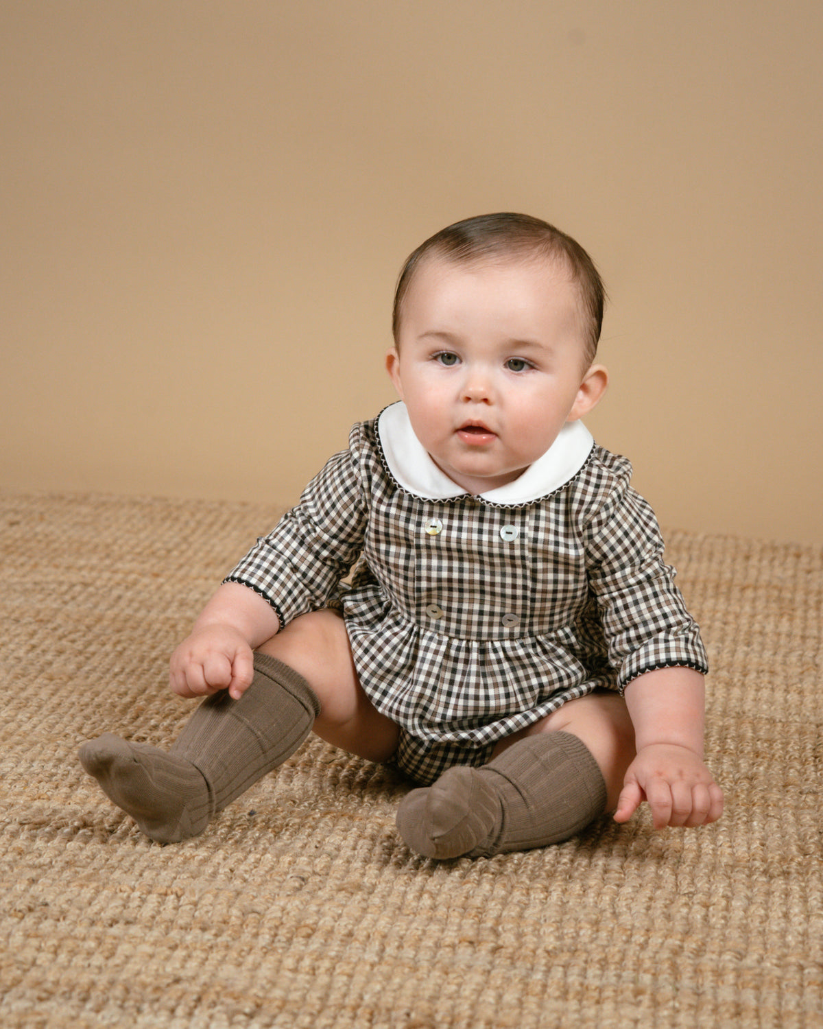 Felicidad Romper in Brown/Black Check Twill