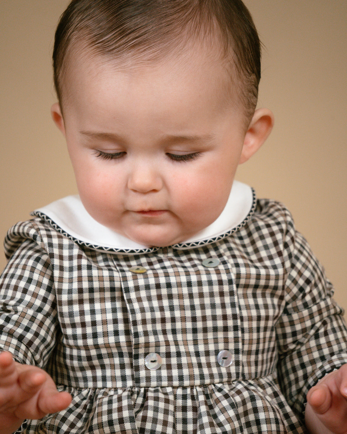 Felicidad Romper in Brown/Black Check Twill