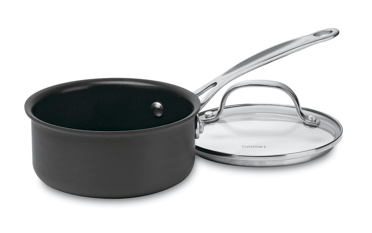 Three-quarter view of Chef’s Classic 1 Quart Saucepan with Cover showcasing glass lid and black nonstick interior