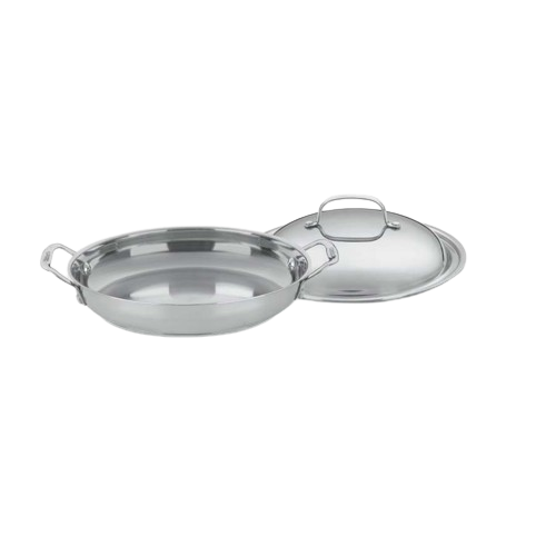 Angled view of Chef’s Classic 12 inch Everyday Pan with medium dome cover showing stainless steel finish