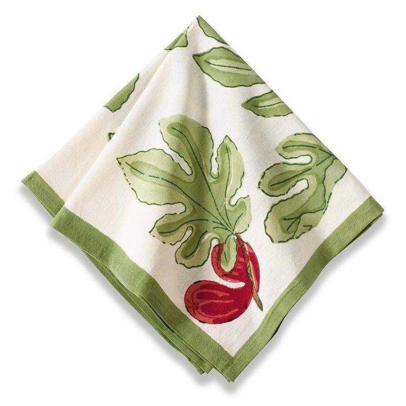 Angled view of a Fig Red and Green napkin showcasing a hand-painted fig and leaf design with a white background