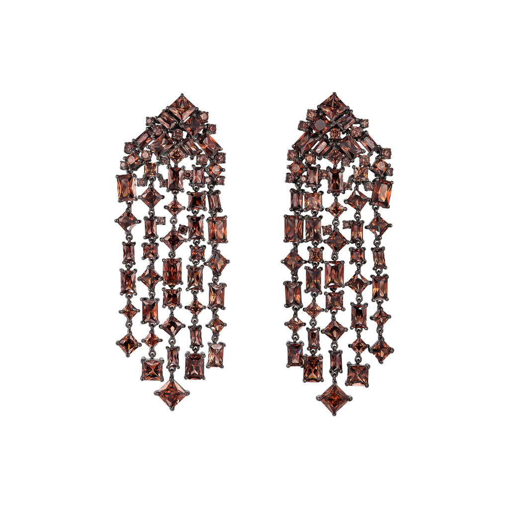 Front view of Quartz Cascade Earrings showcasing cascading laboratory-grown and created smoky quartz with a white background
