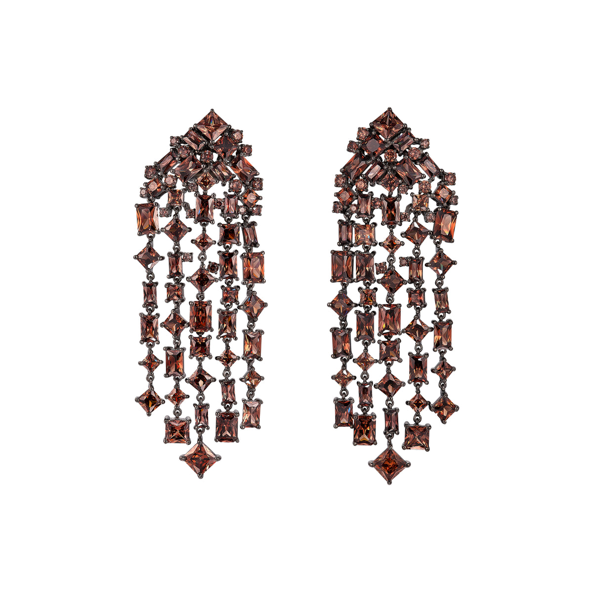 Front view of Quartz Cascade Earrings showcasing cascading laboratory-grown and created smoky quartz with a white background