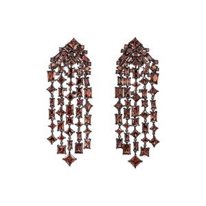 Front view of Quartz Cascade Earrings showcasing cascading laboratory-grown and created smoky quartz with a white background