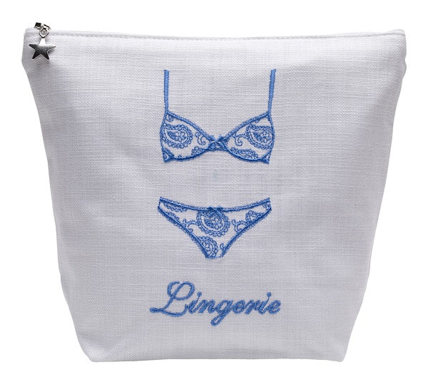 Lingerie Bag in White Linen & Cotton Embroidered