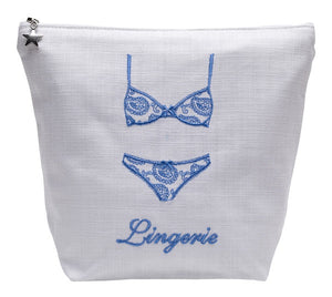 Lingerie Bag in White Linen & Cotton Embroidered