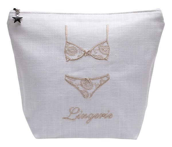 Lingerie Bag in White Linen & Cotton Embroidered