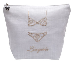 Lingerie Bag in White Linen & Cotton Embroidered