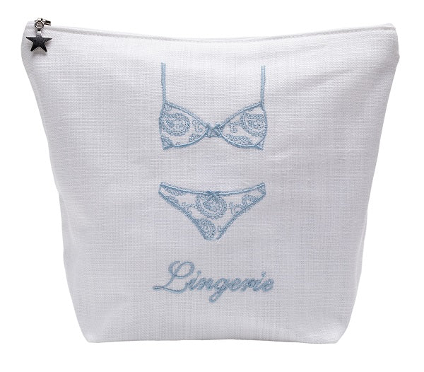 Lingerie Bag in White Linen & Cotton Embroidered