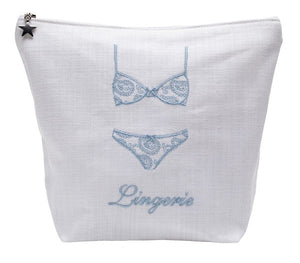 Lingerie Bag in White Linen & Cotton Embroidered