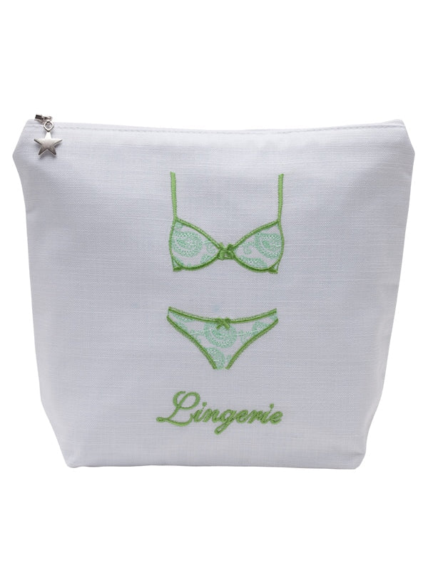 Lingerie Bag in White Linen & Cotton Embroidered