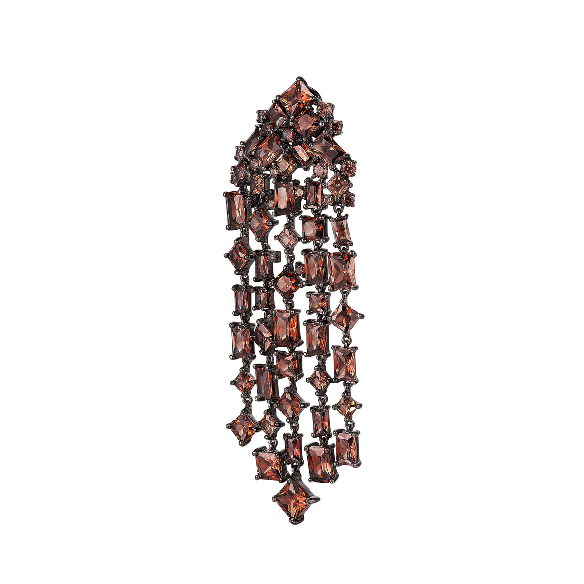 Front view of Quartz Cascade Earrings showcasing cascading smoky quartz stones and black rhodium vermeil with a white background