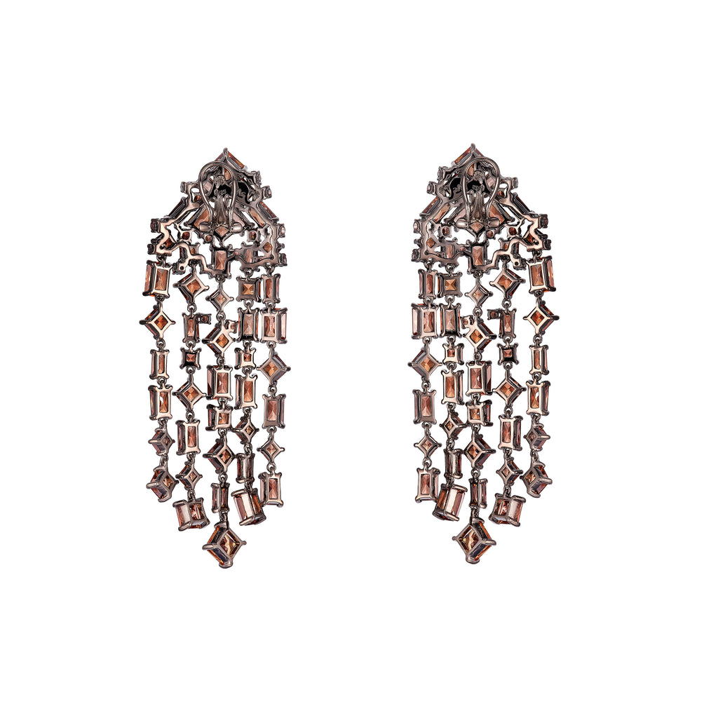 Front view of Quartz Cascade Earrings showcasing cascading smoky quartz in black rhodium vermeil with a white background