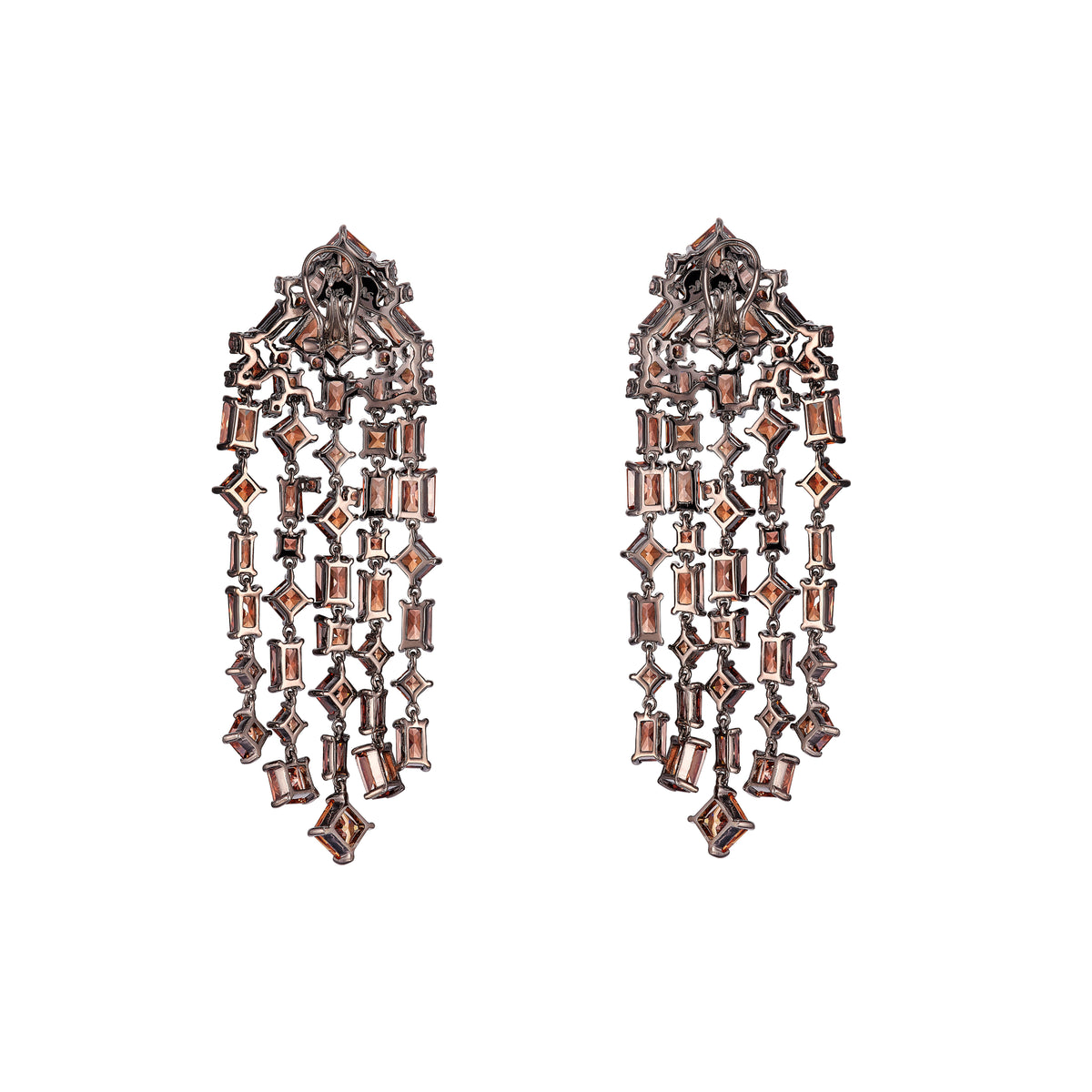 Front view of Quartz Cascade Earrings showcasing cascading smoky quartz in black rhodium vermeil with a white background