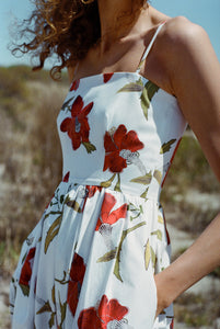 Skinny-Strap Poof Dress in Red Hibiscus