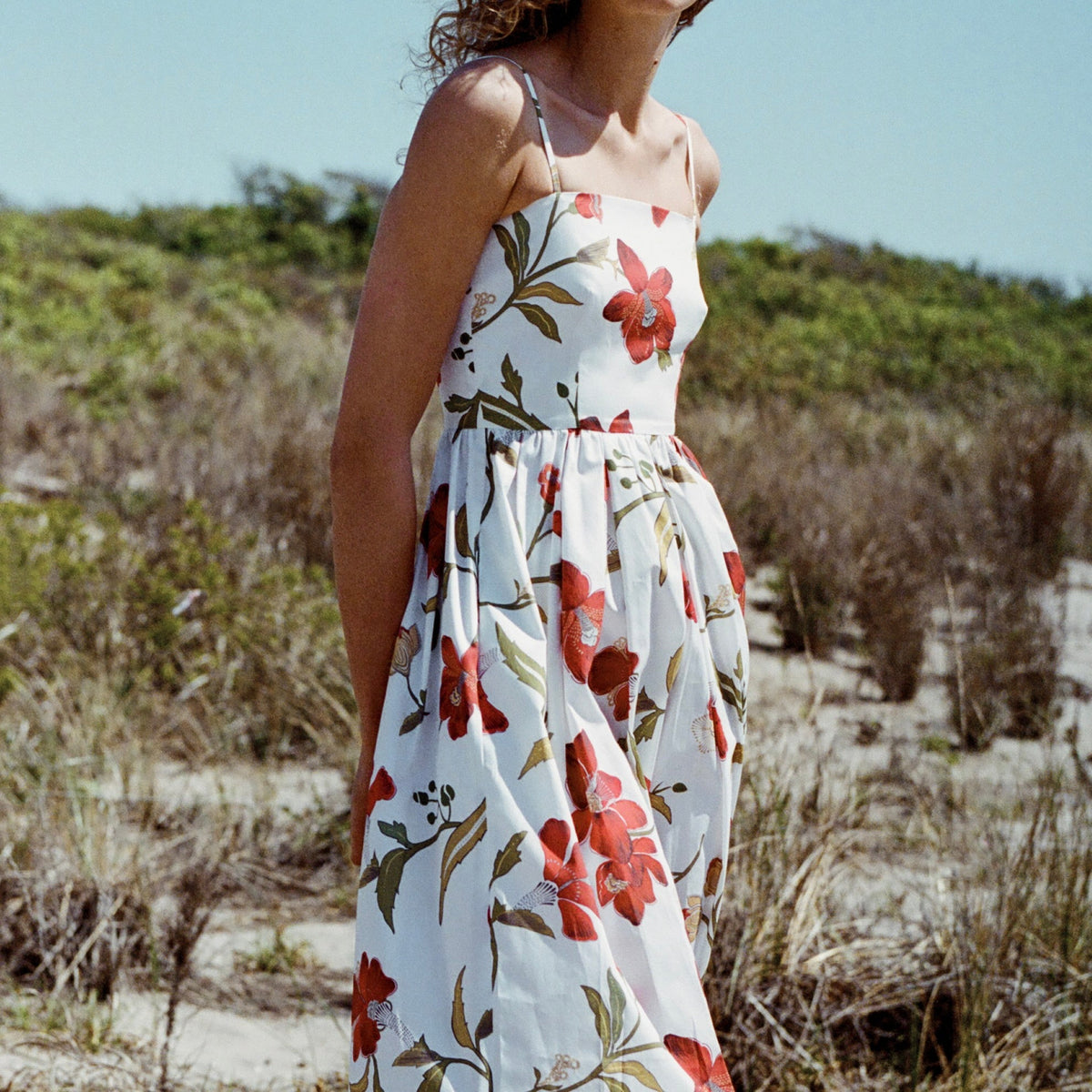 Skinny-Strap Poof Dress in Red Hibiscus