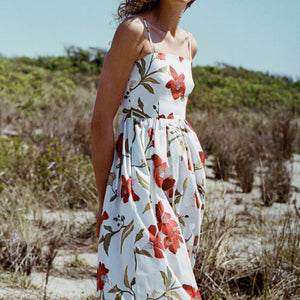 Skinny-Strap Poof Dress in Red Hibiscus