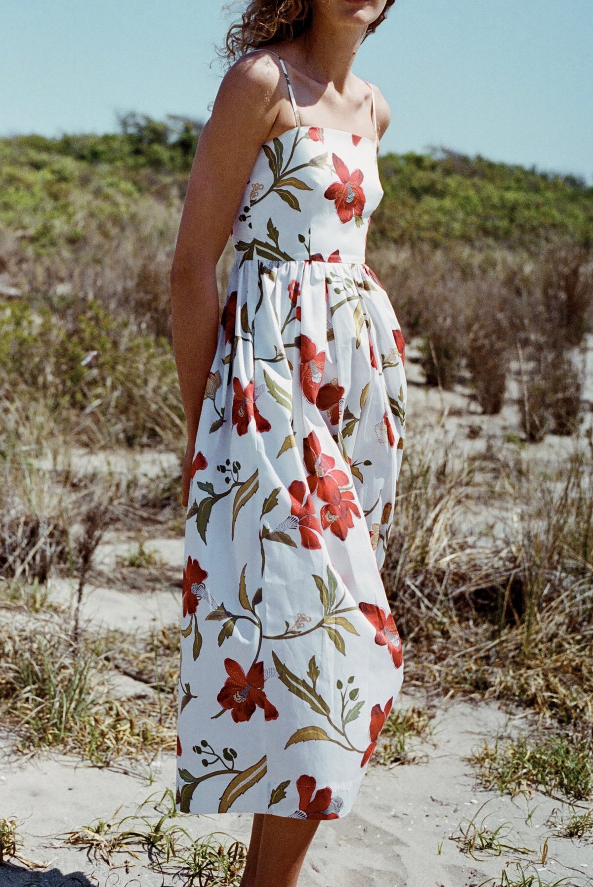Skinny-Strap Poof Dress in Red Hibiscus