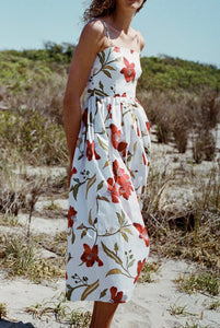Skinny-Strap Poof Dress in Red Hibiscus