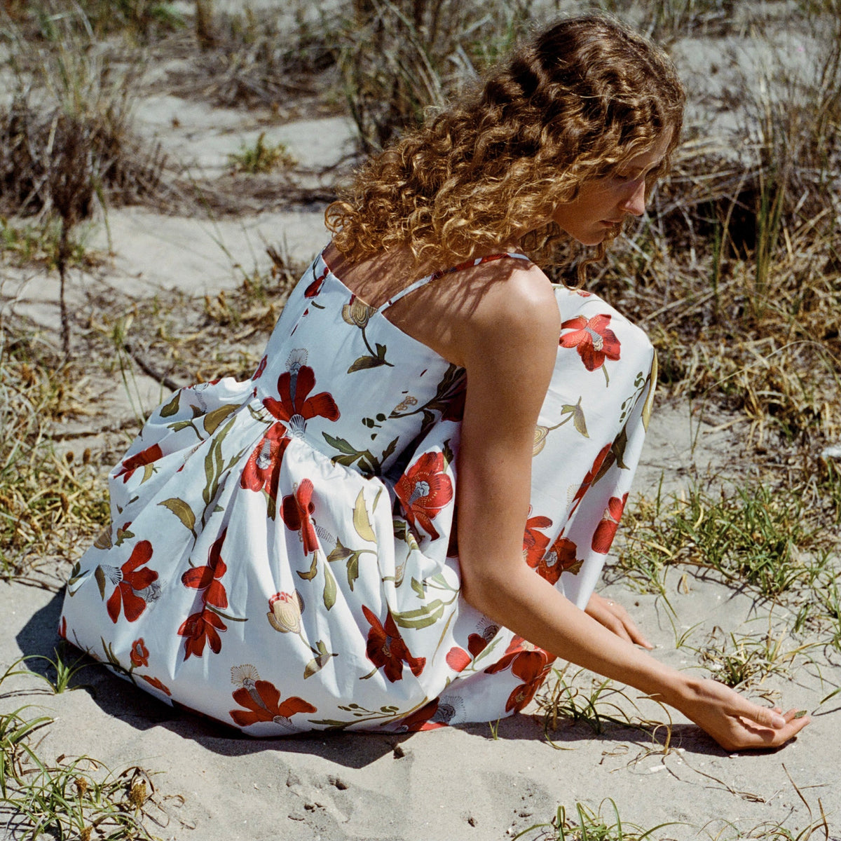 Skinny-Strap Poof Dress in Red Hibiscus