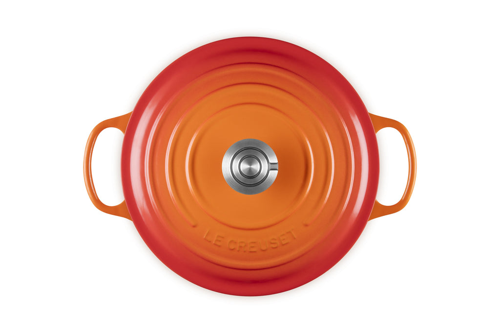 Top view of Signature Round Dutch Oven in Flame with stainless steel knob