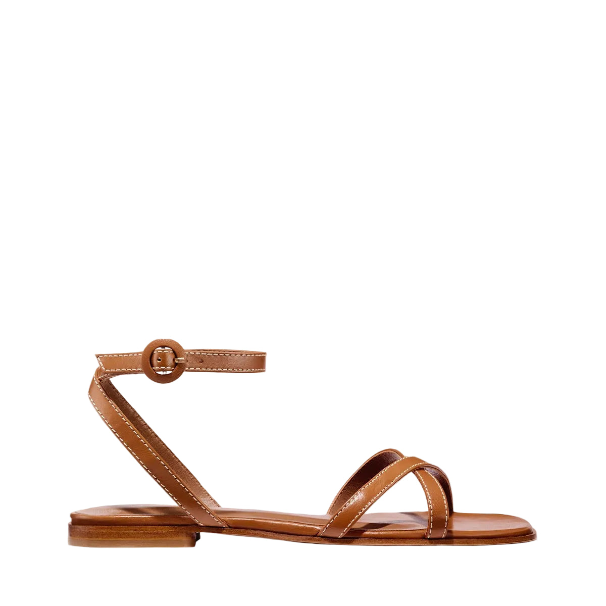 The Flat Sandal in saddle brown nappa, a minimal sandal featuring thin, flattering straps with a subtly square toe.