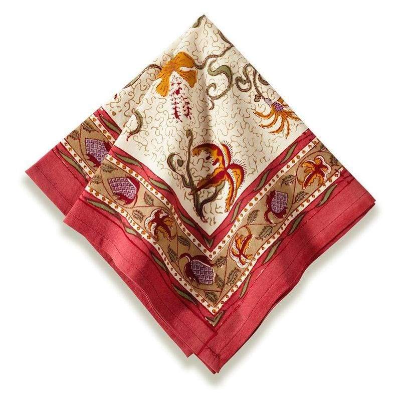 Folded view of Fleur des Indes Napkins, Set of 6 showcasing red floral and paisley patterns on a white background