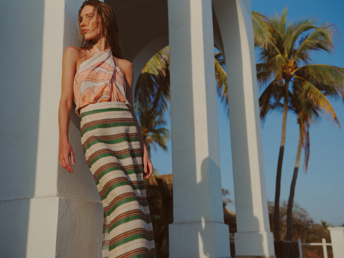 El Carmelo Linen Midi Skirt in Green Artisanal Stripes
