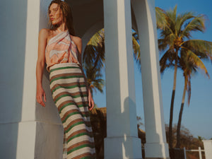 El Carmelo Linen Midi Skirt in Green Artisanal Stripes