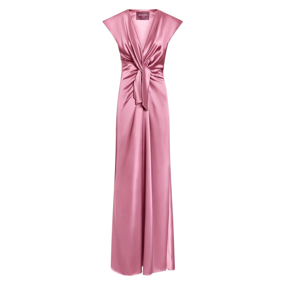 Front view of Flutter Sleeve Ava Gown in Rosewater with flutter sleeves, plunge neckline, and waist drape on white background