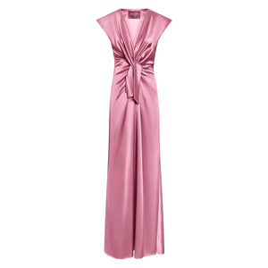 Front view of Flutter Sleeve Ava Gown in Rosewater with flutter sleeves, plunge neckline, and waist drape on white background