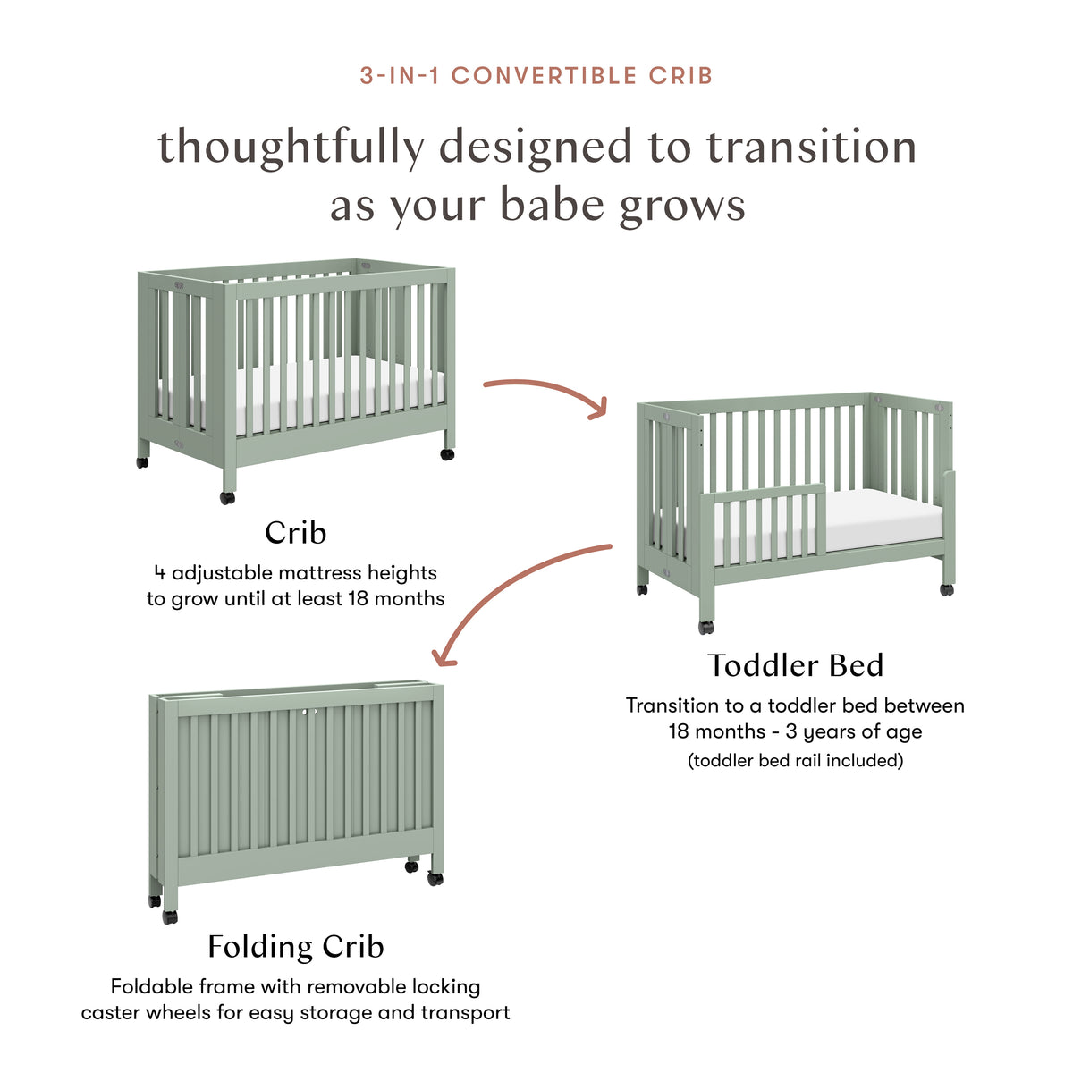 Maki Portable Folding Crib with Toddler Bed Conversion Kit in Light Sage