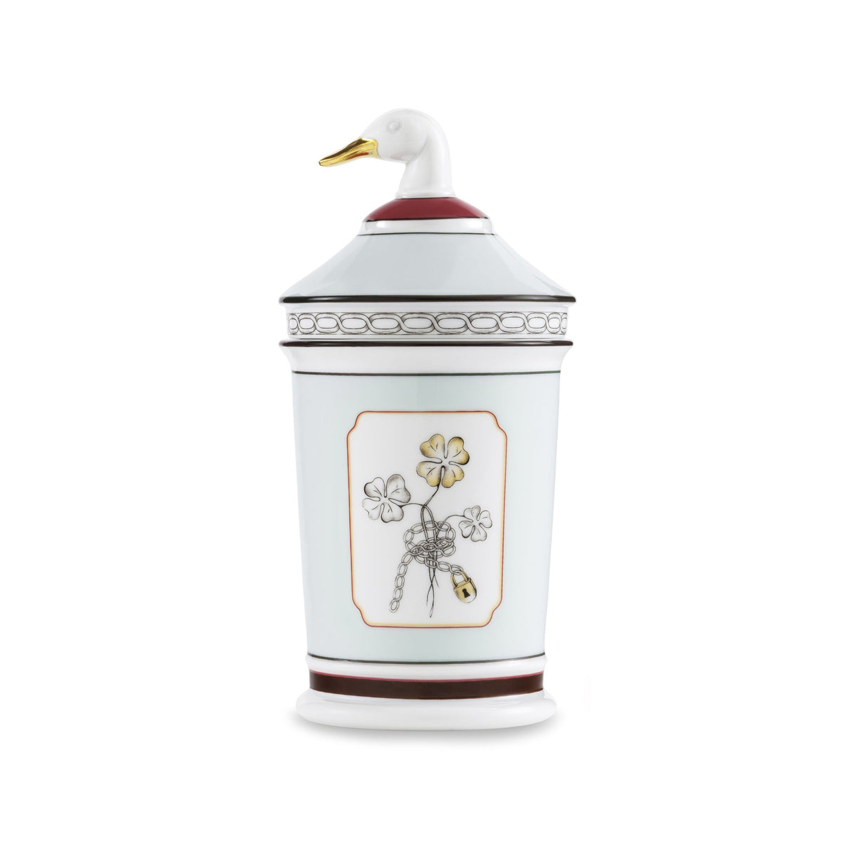 Fortunae Jar with Goose Lid in white porcelain with illustrated panel