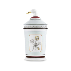 Fortunae Jar with Goose Lid in white porcelain with illustrated panel