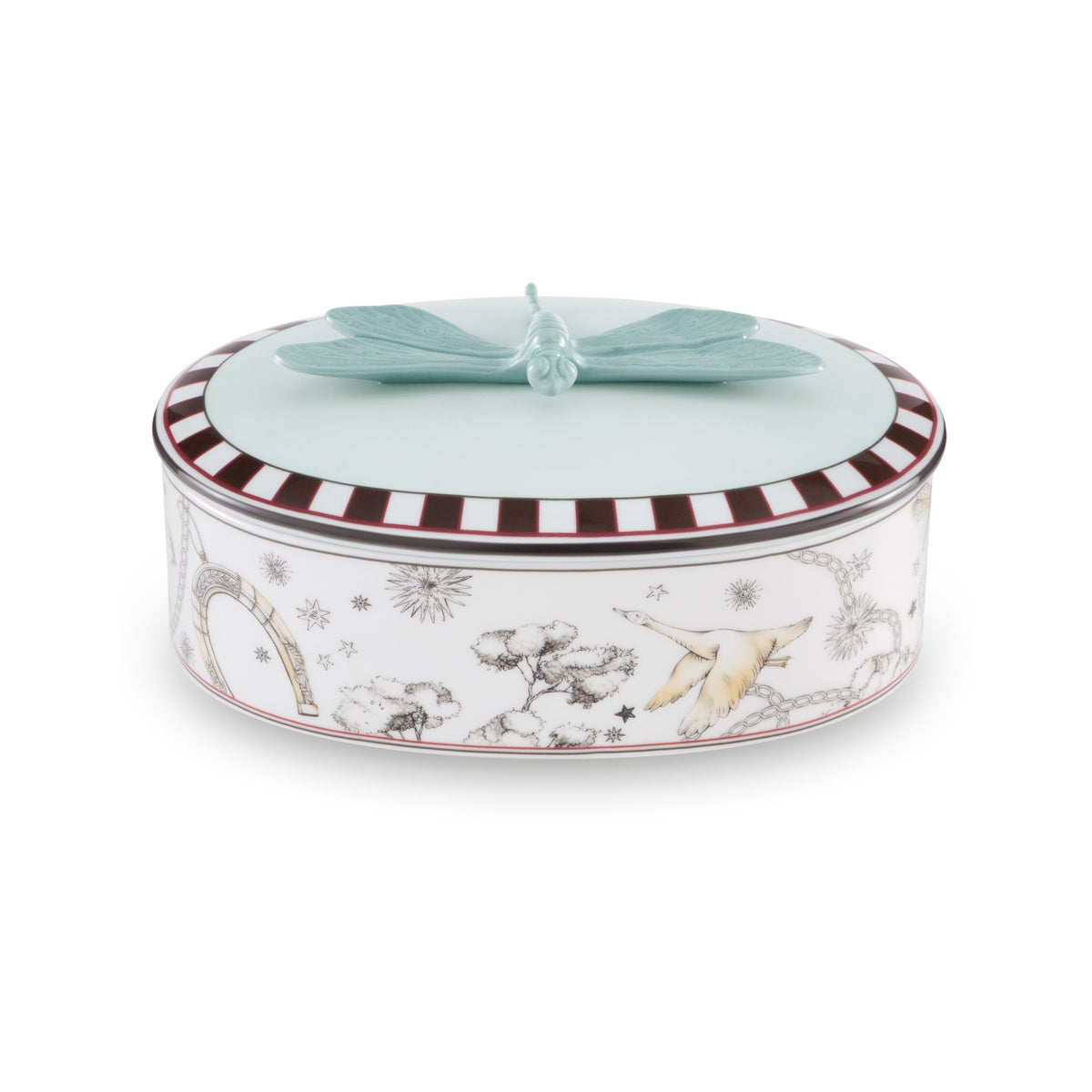 Fortunae Oval Dragonfly Box with striped trim and light blue bow lid