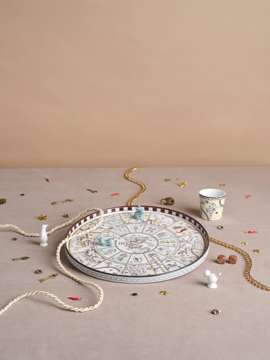 Fortunae Round Tray styled with gold chain and charms