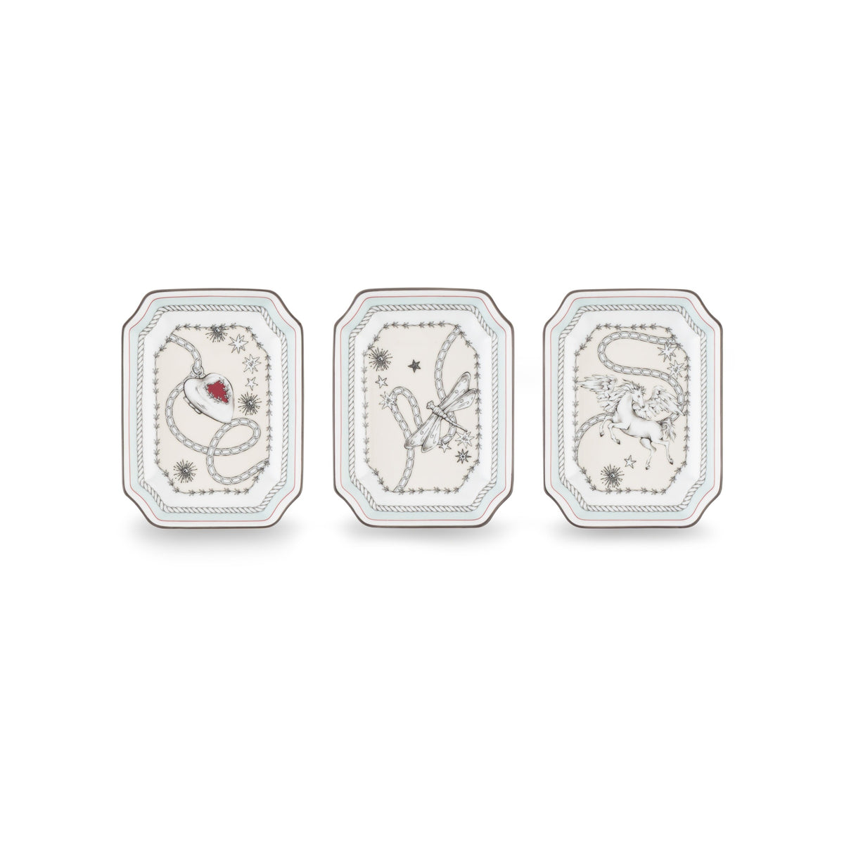 Fortunae Small Catch-Alls, set of 3, with illustrated designs and platinum trim