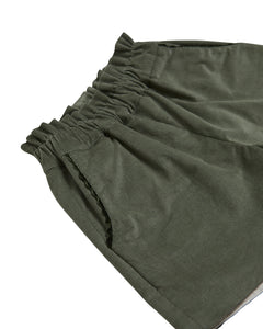 Close-up of a green skirt with a white background