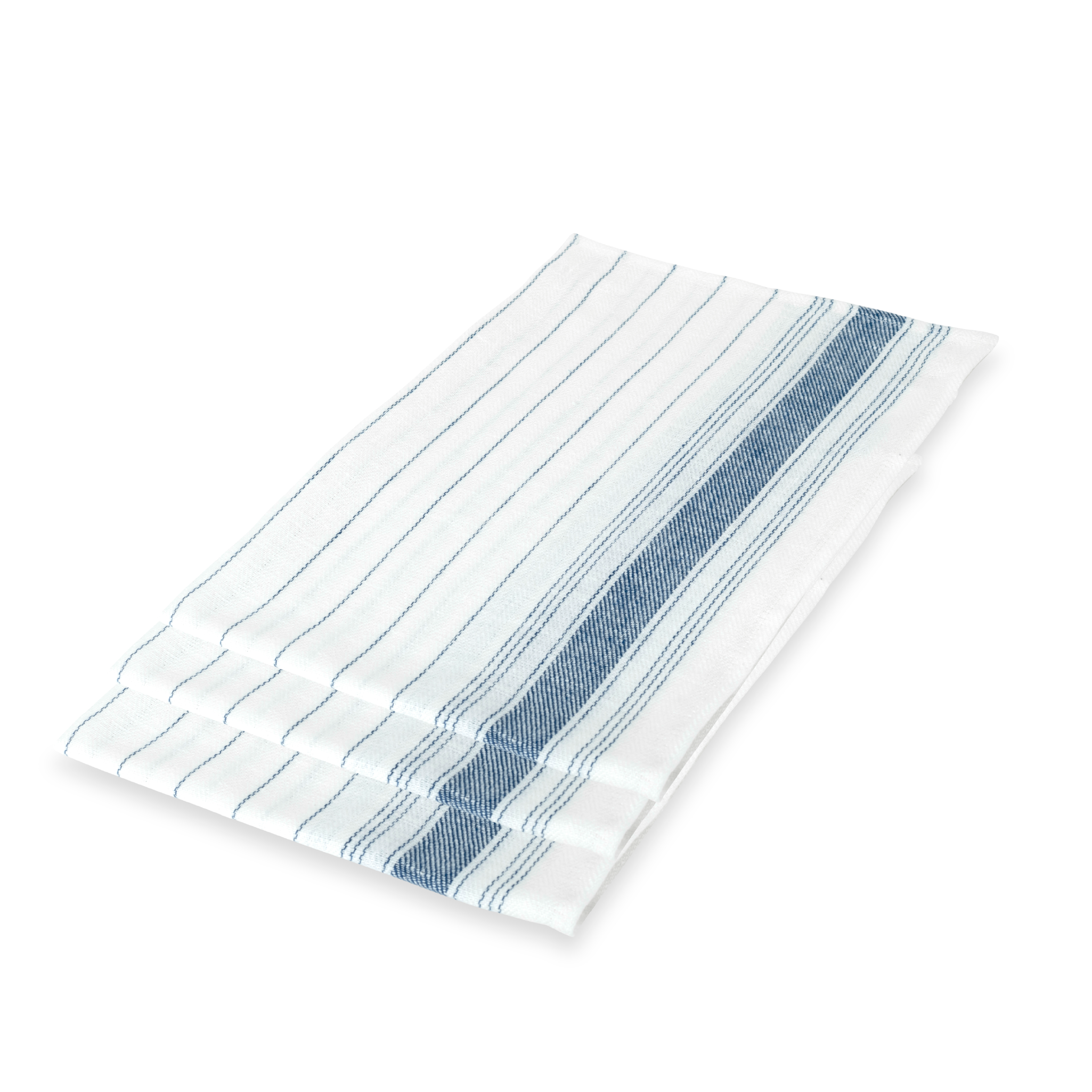 set of three linen kitchen towels with blue stripes