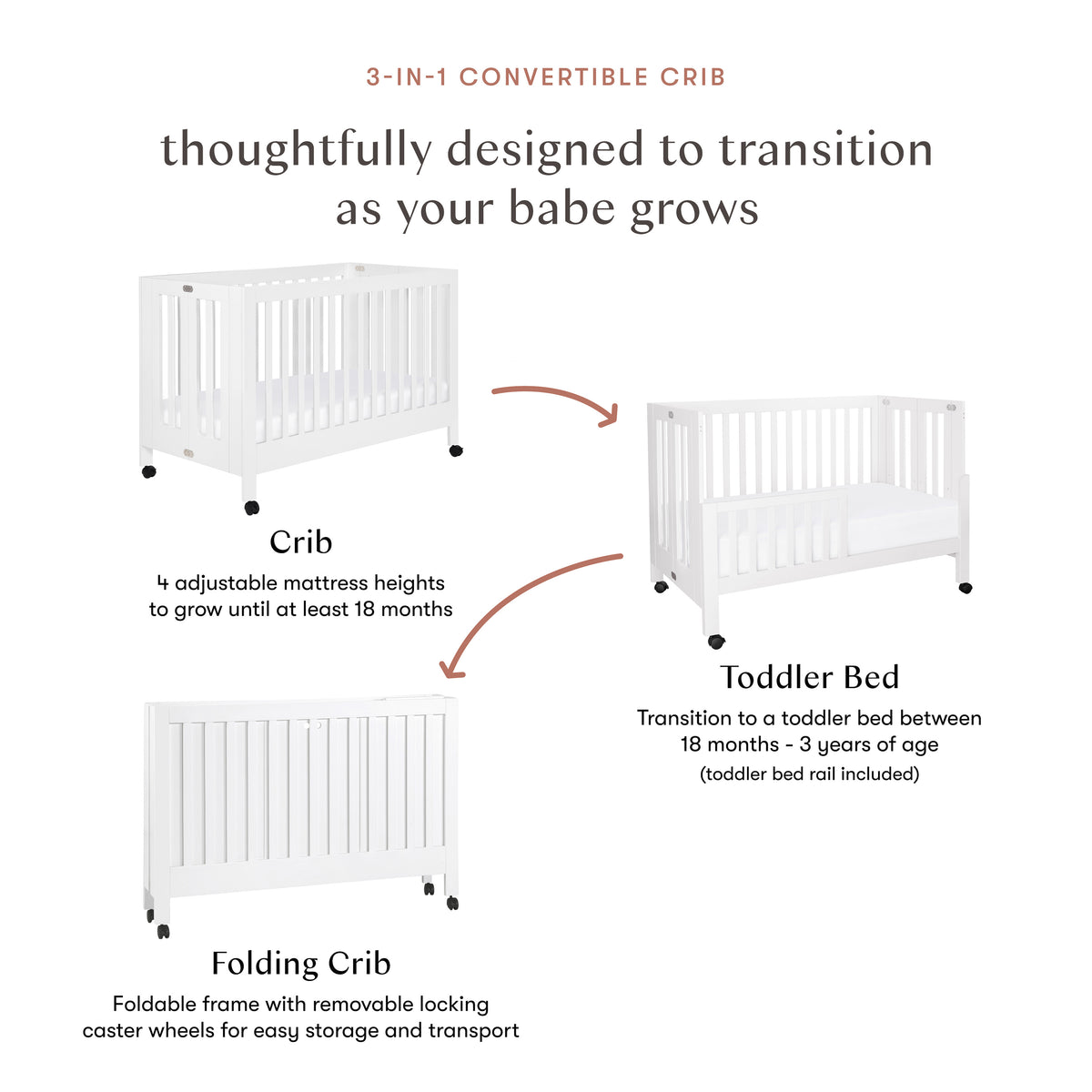 Maki Portable Folding Crib with Toddler Bed Conversion Kit in White