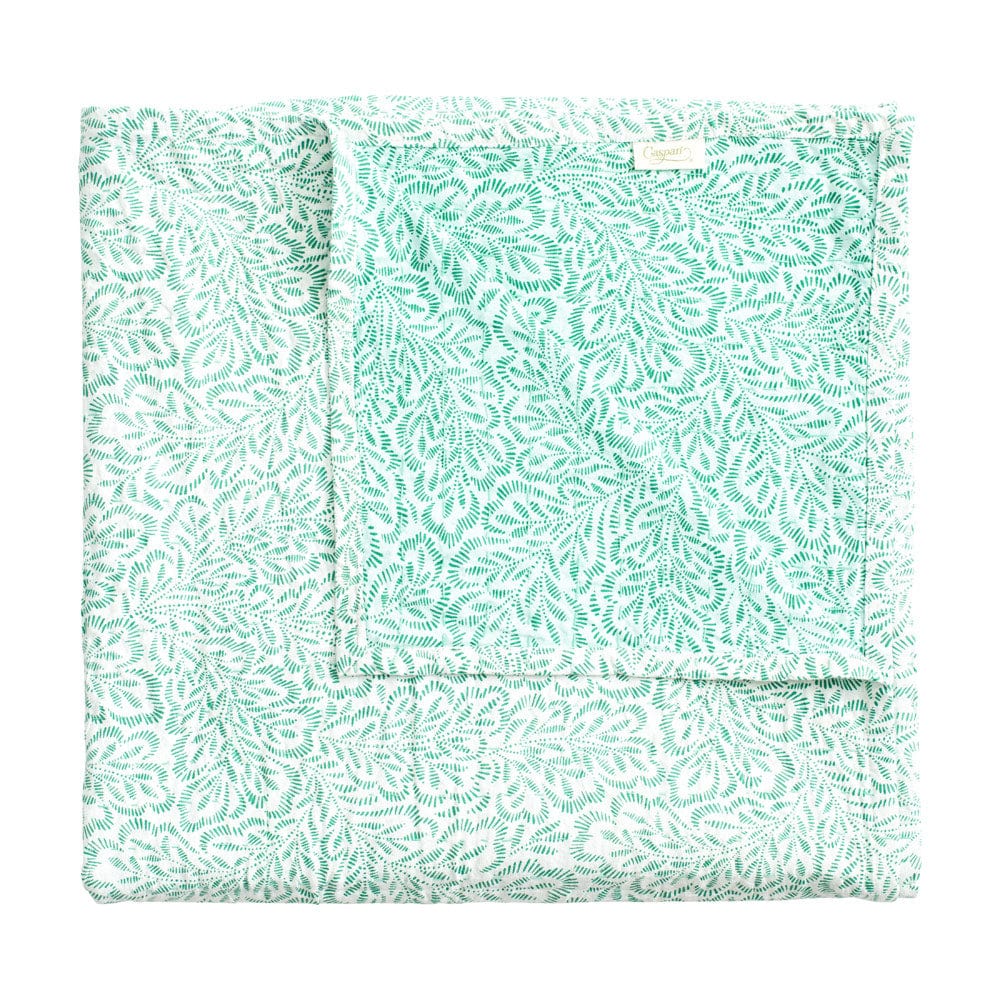 Reversible Kantha Table Cover in Green Block Print Leaves