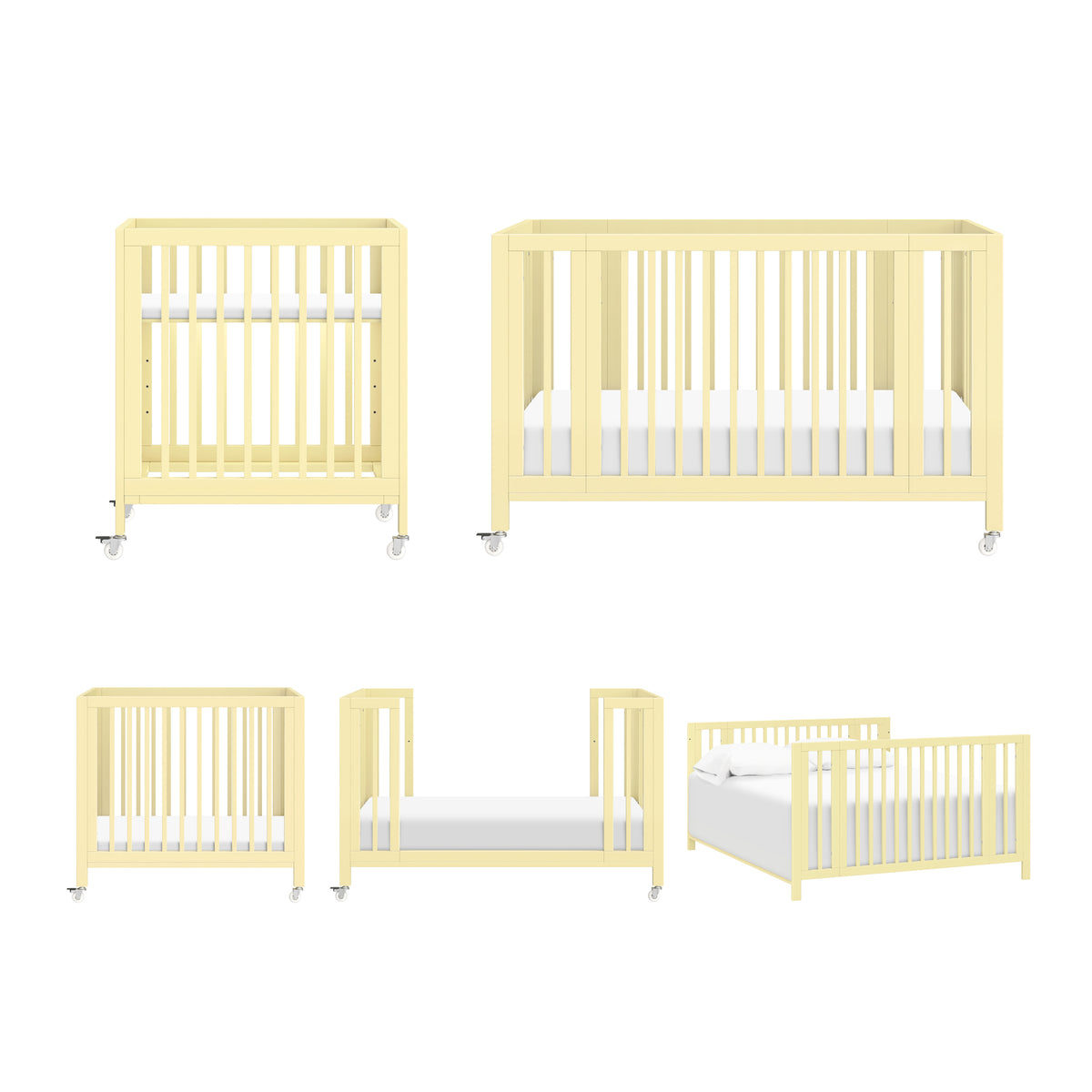 Front and side views of the pale yellow Rolli 9-in-1 convertible crib showcasing five sleep configurations on white background