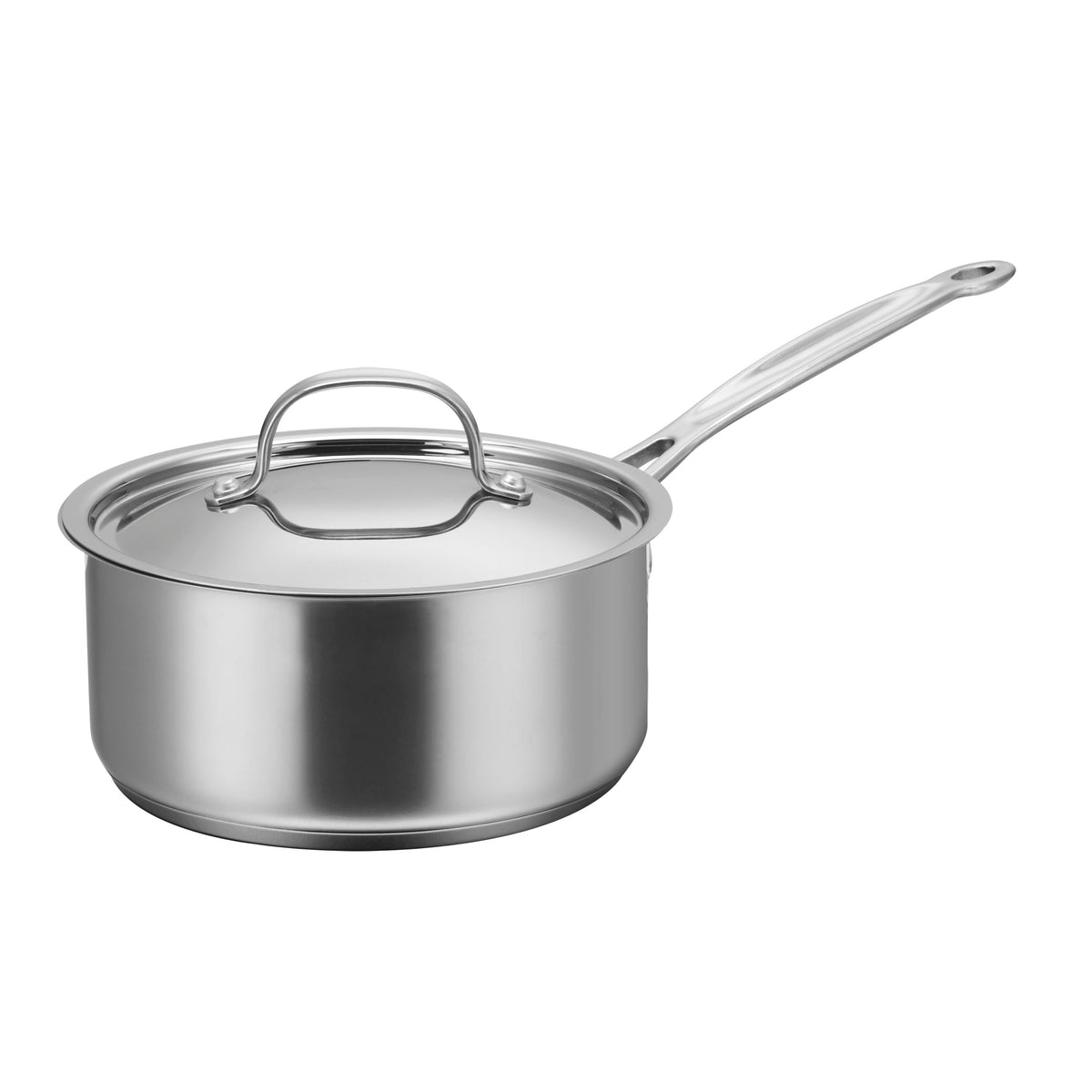 Angled view of Chef’s Classic 2 Quart saucepan with cover showcasing polished stainless steel finish on white background