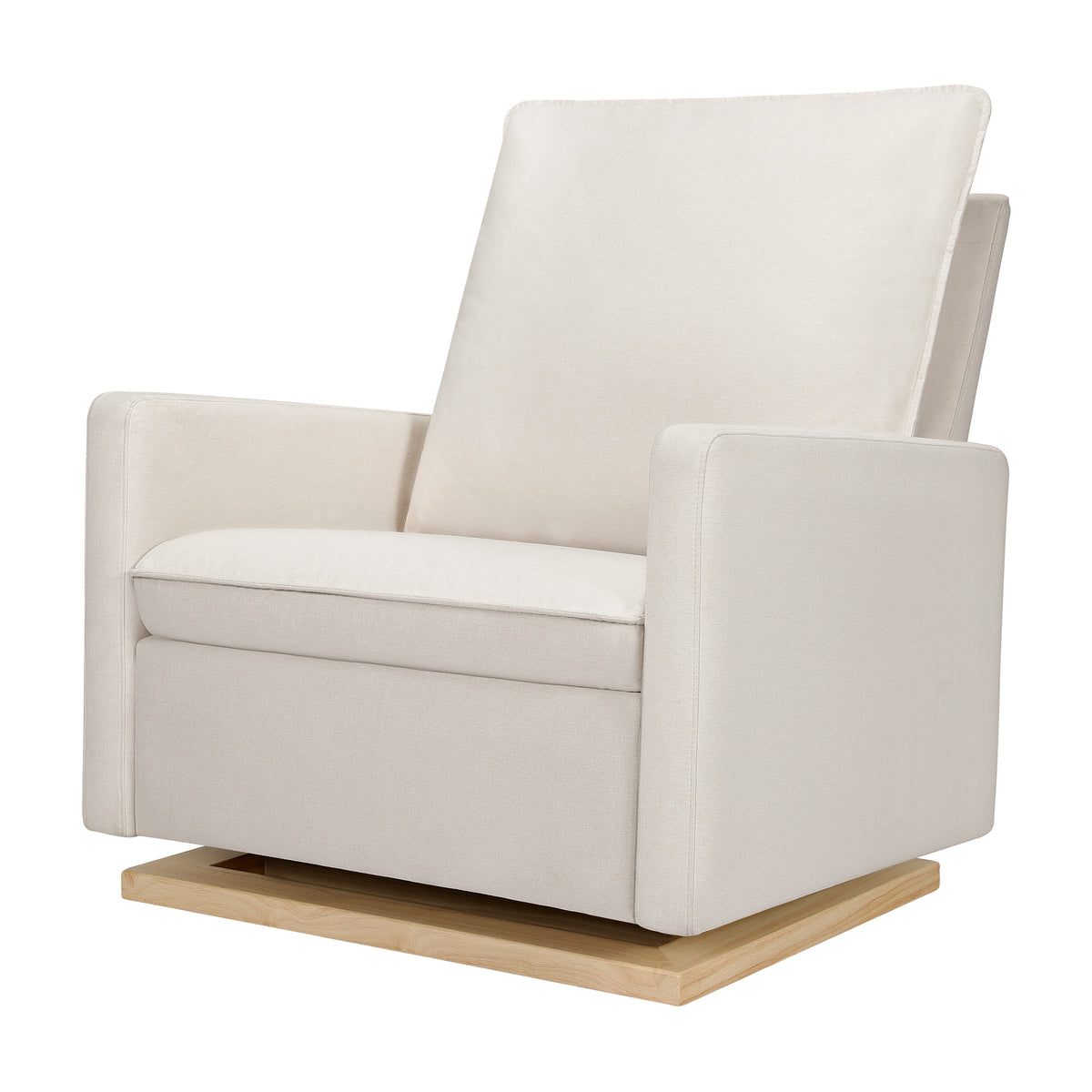Front three-quarter view of Cali Pillowback chair-and-a-half glider showing cream eco-weave fabric and light wood glider base