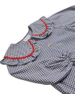 Blue and white checkered shirt with red trim on a white background