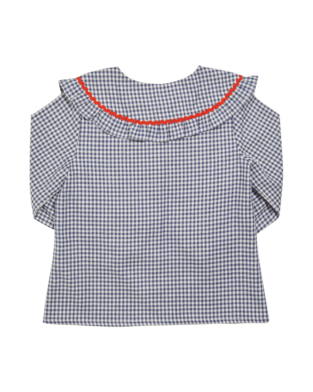 Black and white checkered blouse with red trim on a white background