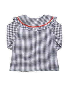 Black and white checkered blouse with red trim on a white background