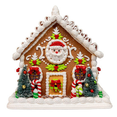 Kurt Adler 9" Battery Operated Gingerbread House With Santa and Ribbon Candy Roof