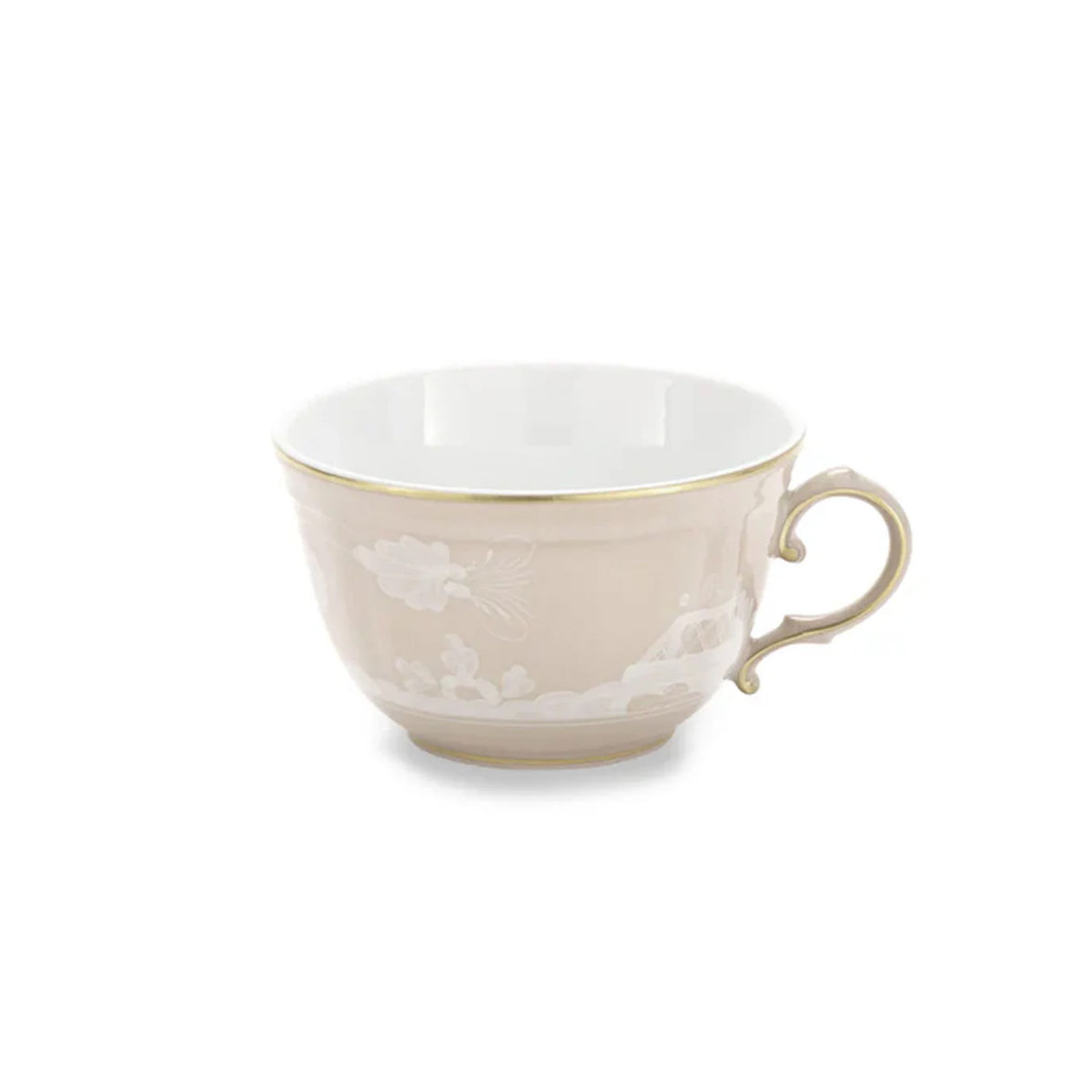 Front view of Oriente Italiano Antico Doccia tea cup in Meringa showcasing white floral motifs and gold-plated rim