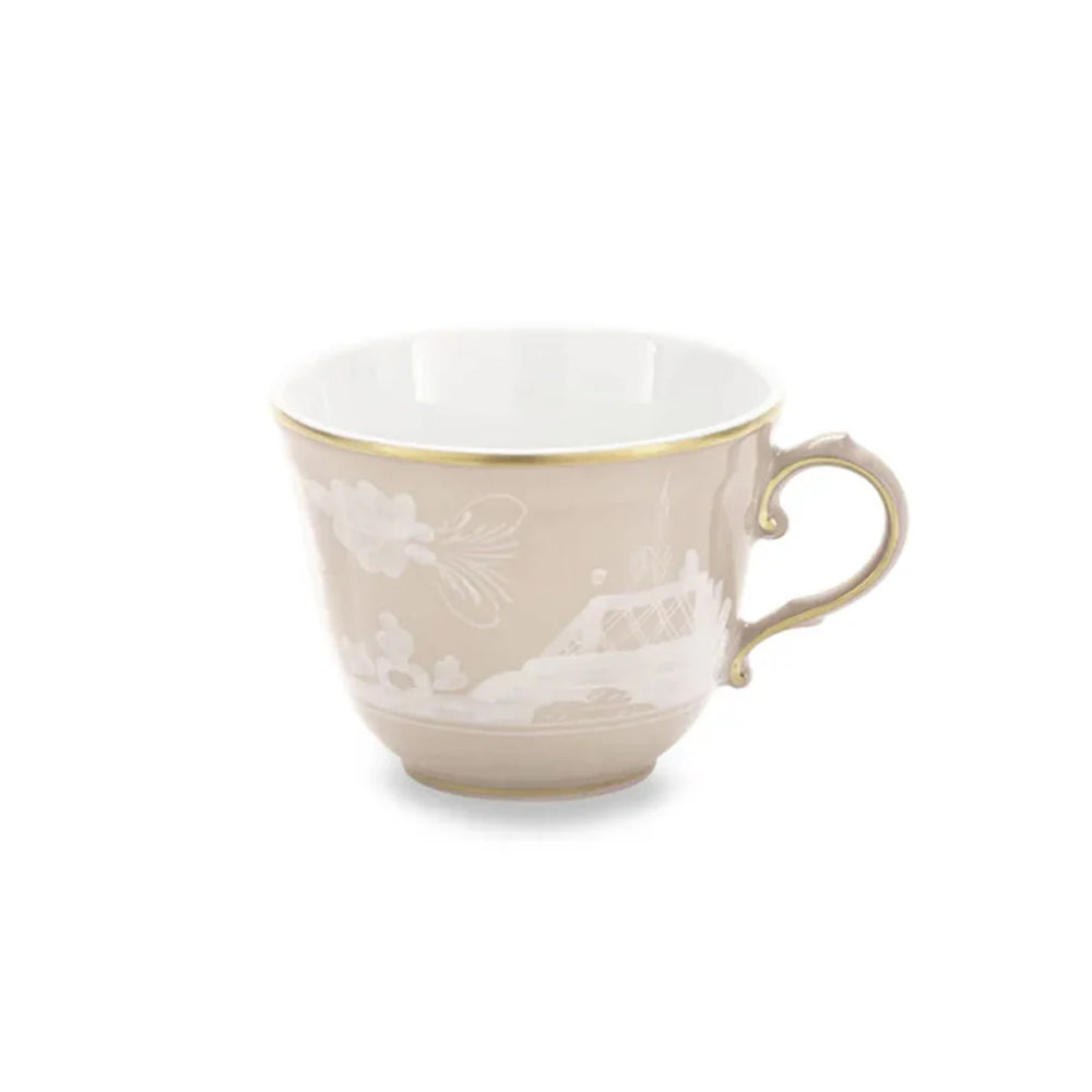 Front view of Oriente Italiano Antico Doccia Coffee Cup in Meringa showcasing gold trim and floral relief on a white background